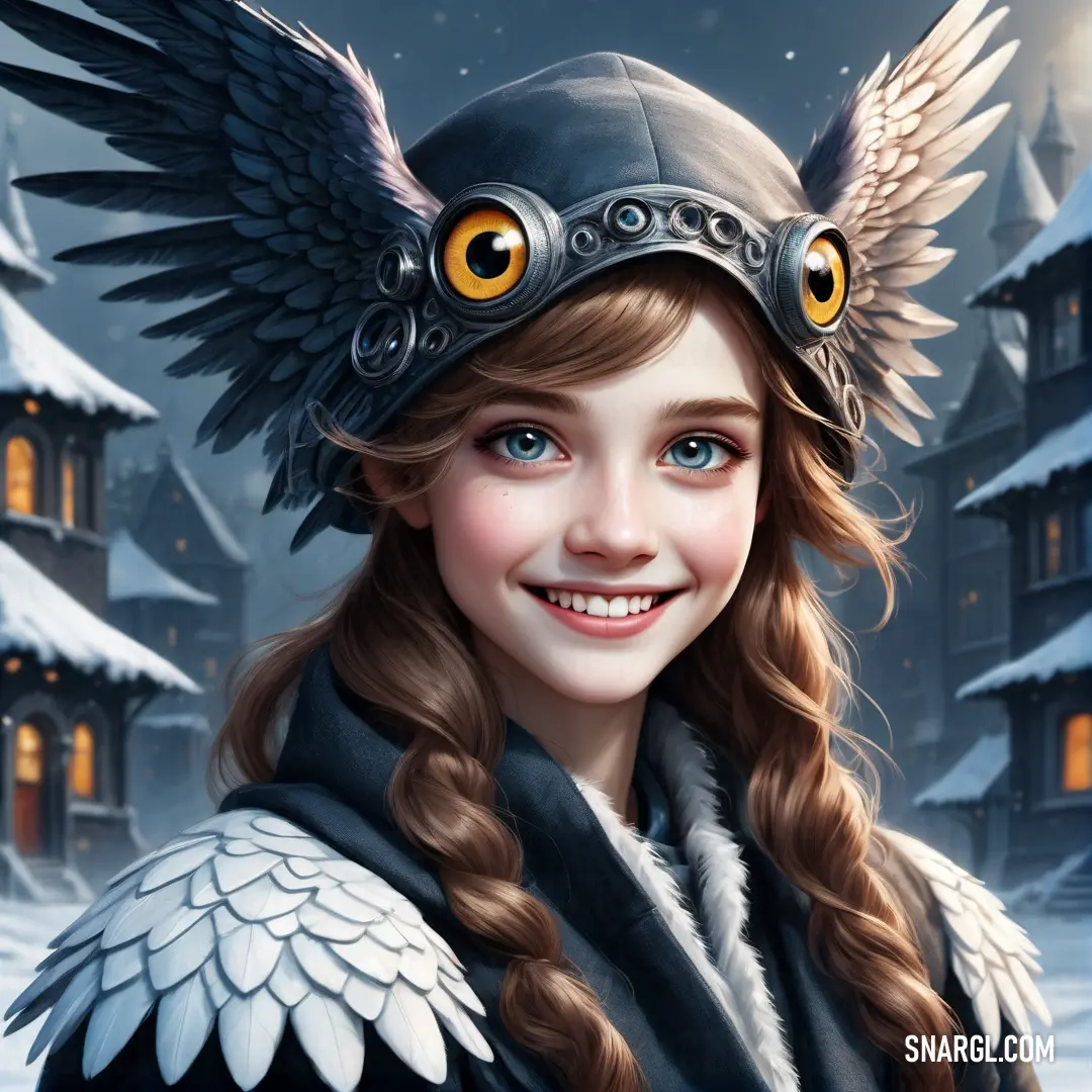 Girl with a helmet and wings on her head in front of a snowy background. Example of #2C3C4C color.