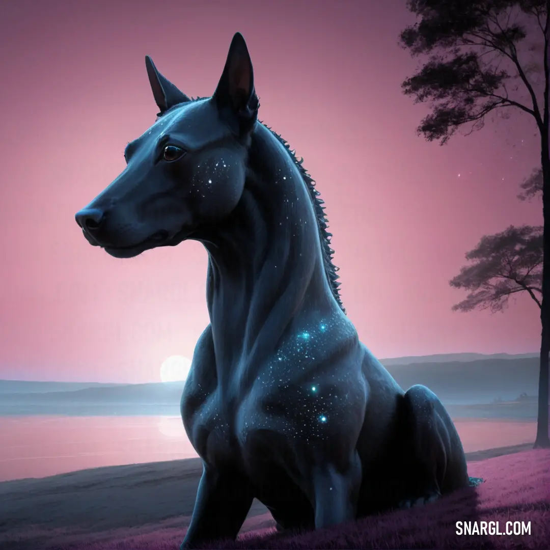Painting of a horse on a hill near a lake at night with the moon in the sky. Example of PANTONE 7546 color.
