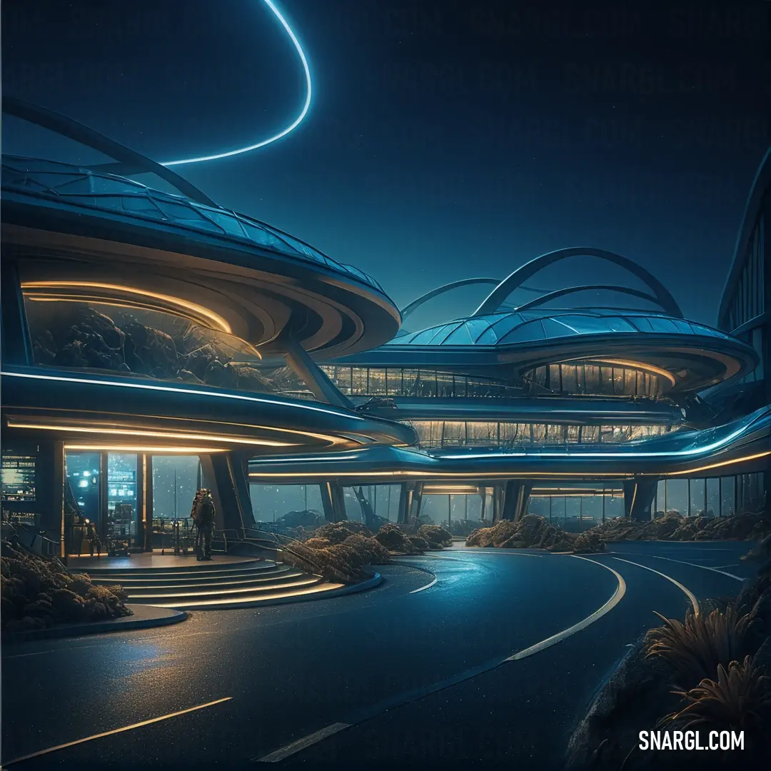 Futuristic city with a curved road and a futuristic building at night time with lights on the buildings. Color #2C3C4C.