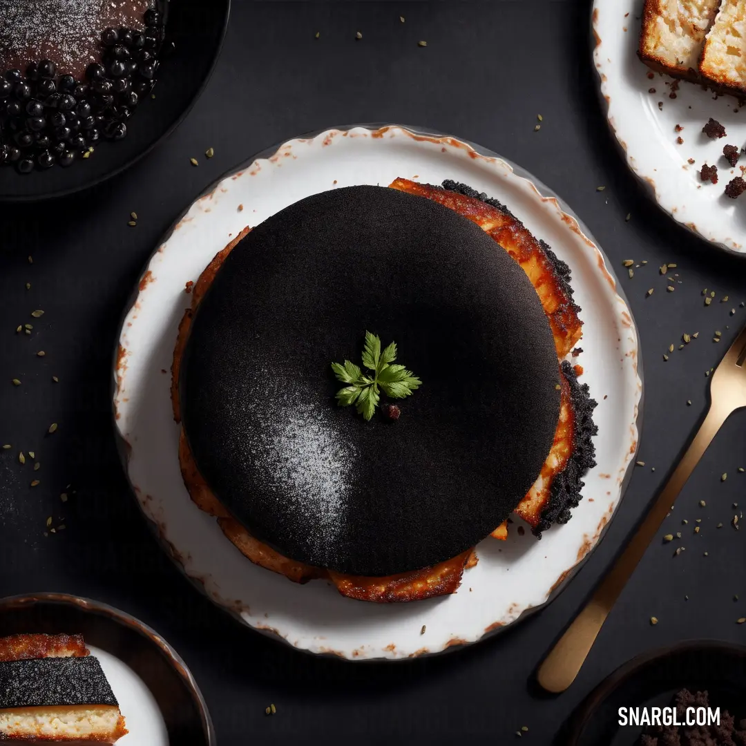 Black cake with a green leaf on top of it on a plate with other plates and forks around it. Example of PANTONE 7547 color.