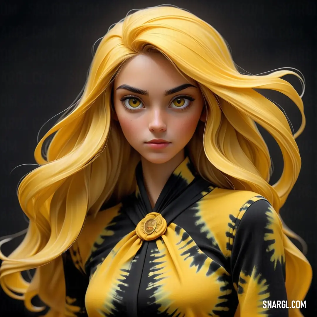 Woman with long blonde hair and a black shirt with yellow and black designs on it. Color CMYK 0,12,98,0.