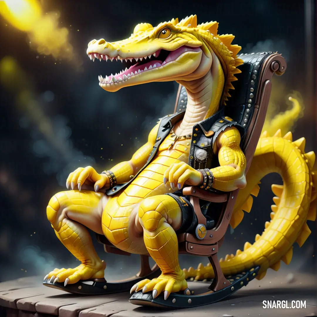 Yellow dinosaur on a rocking chair with a black background. Example of #F6D03A color.
