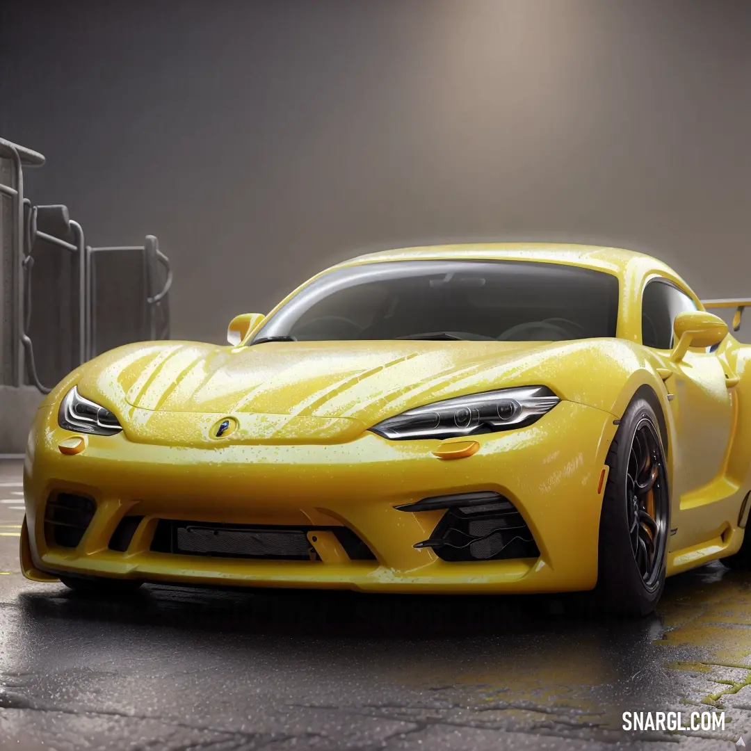 PANTONE 7548 color. Yellow sports car parked in a garage with a black background