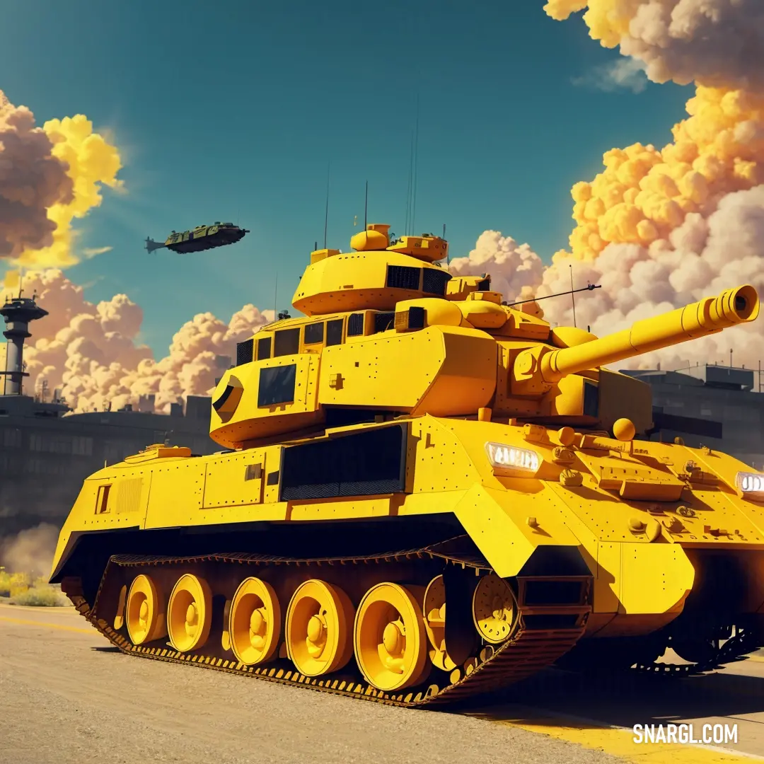 Yellow tank is parked on the street with a helicopter flying overhead in the sky above it and a building in the background