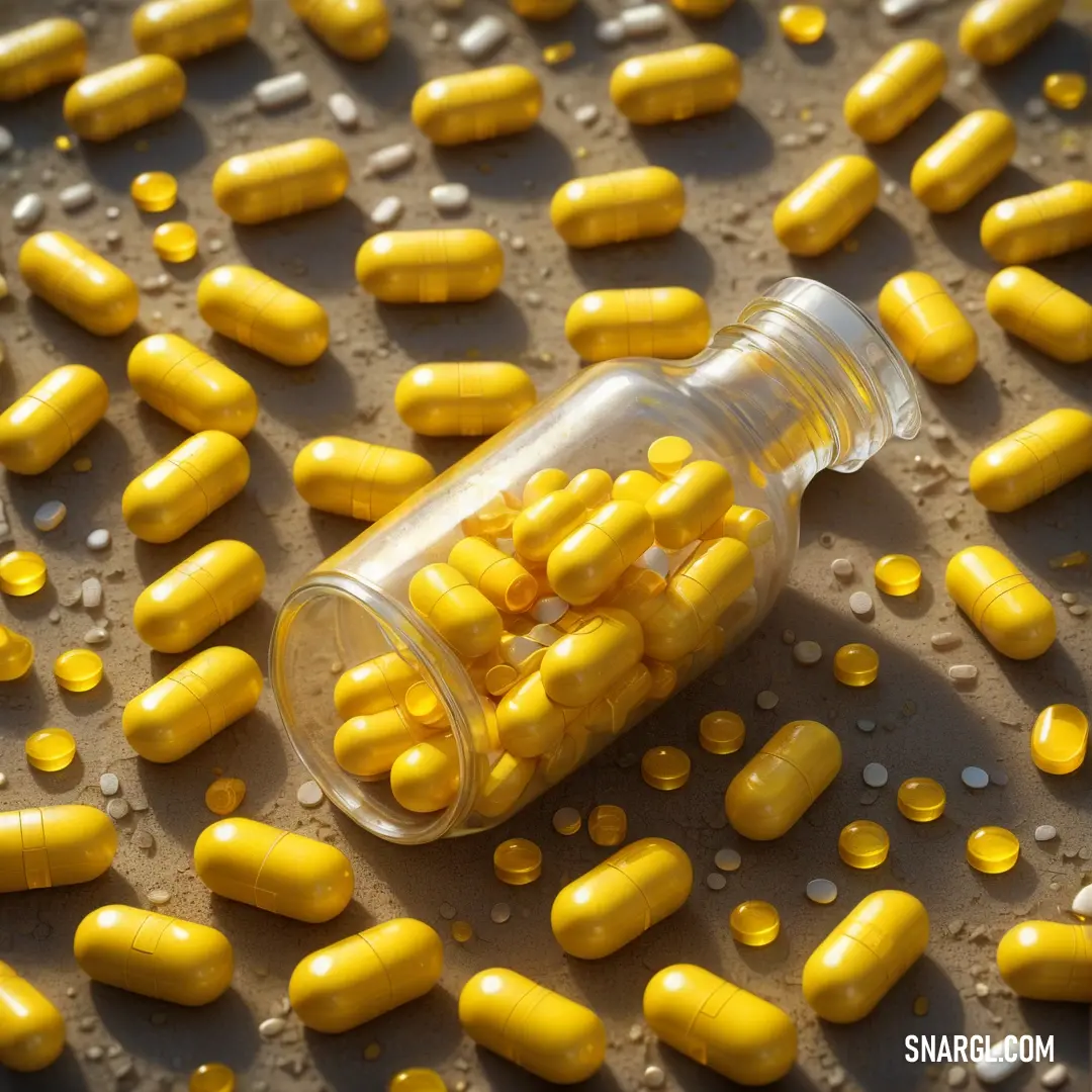 Bottle filled with yellow pills on top of a table covered in water droplets. Example of CMYK 0,22,100,2 color.