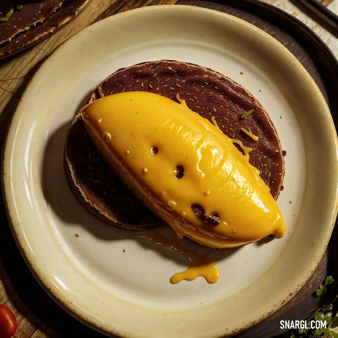 Cheeseburger with a pickle on a plate on a table with a fork and knife next to it. Color PANTONE 7549.