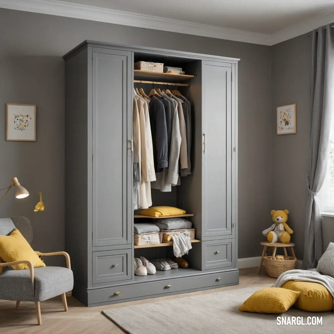 A cozy bedroom adorned with a modern gray wardrobe, soft yellow pillows, and a charming chair beside a window dressed in elegant curtains, exemplifying the tranquil hues of PANTONE 7550.