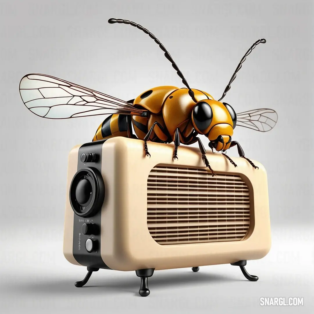 A whimsical bee perched atop a vintage radio, cleverly integrated with a speaker, embodying a playful fusion of nature and technology amid a charming table setup reflecting vintage aesthetics.