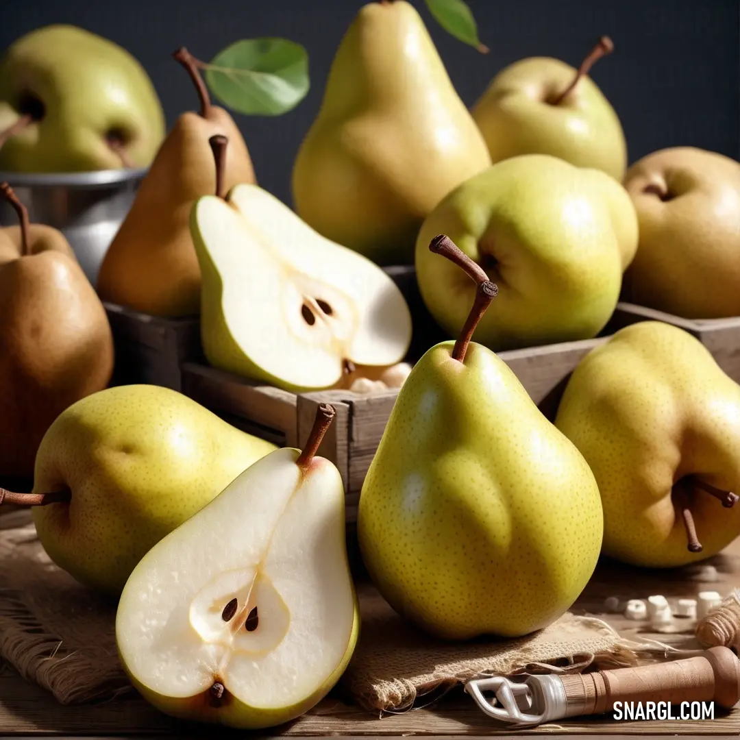 A rustic wooden table displays a vibrant arrangement of fresh pears and a sharp knife, while a bowl of glossy red apples sits invitingly in the background. The color palette is highlighted with shades of earthy greens and yellows, creating a warm atmosphe