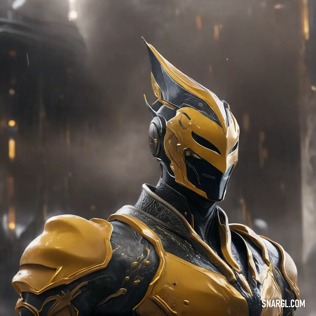 An intense close-up reveals a figure in an eye-catching yellow and black suit, complete with a helmet, framed by an intriguing black and white backdrop that enhances the dramatic allure, represented by RGB 214,157,42.