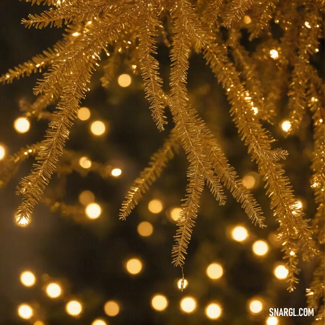 A stunning close-up of a verdant tree adorned with charming lights in the soft background, showcasing PANTONE 7550. The warmth of the leaves and gentle glow of the lights create a serene and inviting seasonal atmosphere.