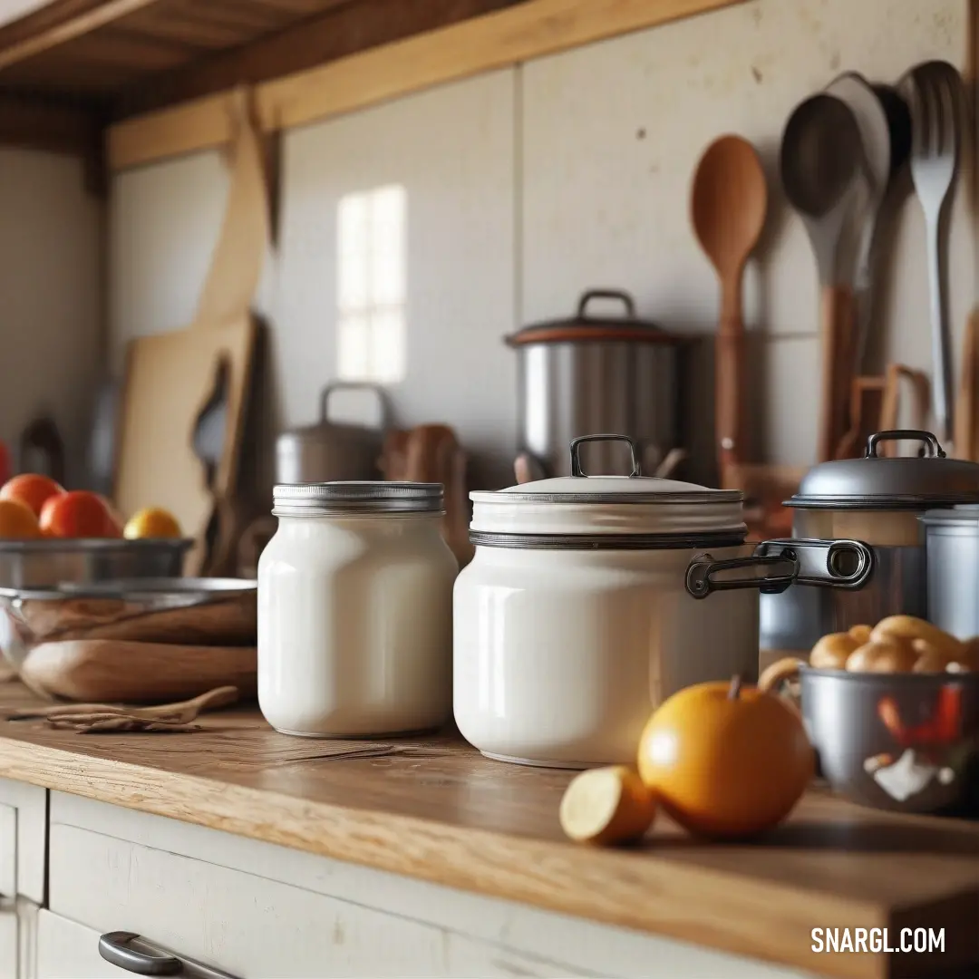 A beautifully arranged kitchen counter adorned with colorful jars and stylish pans, complemented by a wooden cutting board topped with fresh fruit. This scene exudes homely warmth and culinary creativity, inviting you to indulge in cooking.