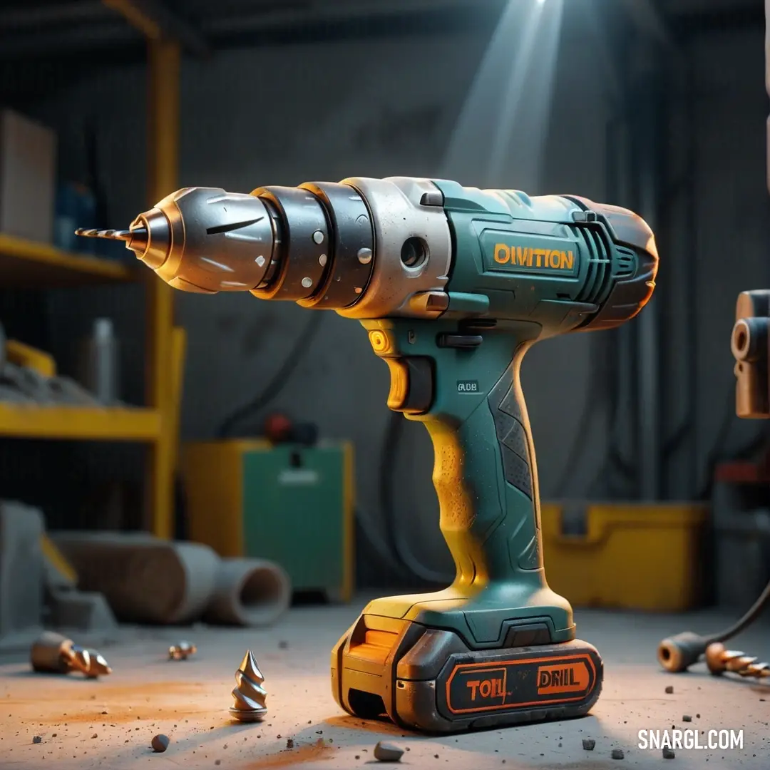 In a cozy garage space, a cordless drill rests against the concrete floor, surrounded by scattered tools reflecting a sense of industriousness. Soft light casts shadows, illuminating the warm, rich tones of the drill's surface, highlighted with color #D69