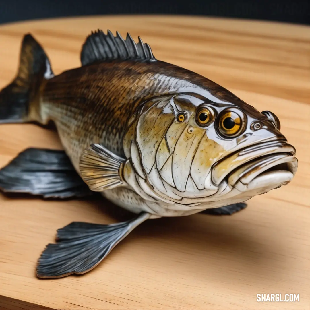 A charming fish statue resting atop a rustic wooden table, accompanied by a knife and fork on a stylish cutting board, evoking a sense of whimsy and culinary delight in a homely kitchen setting.