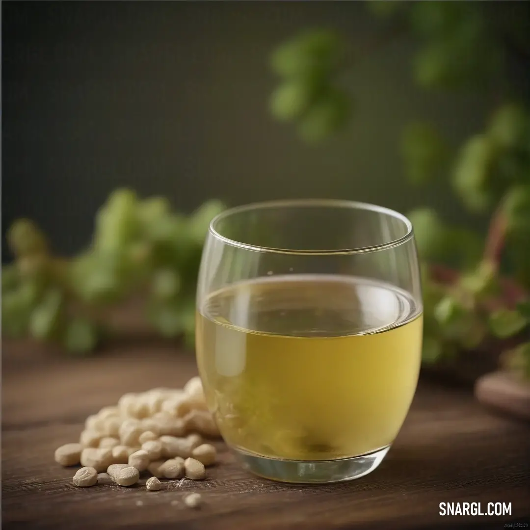 A refreshing glass of water catches the light, placed alongside a scattering of vibrant beans on a table. In the backdrop, a lush green plant adds life and freshness to the scene, complemented by hints of warm golden tones, reflecting the essence of natur