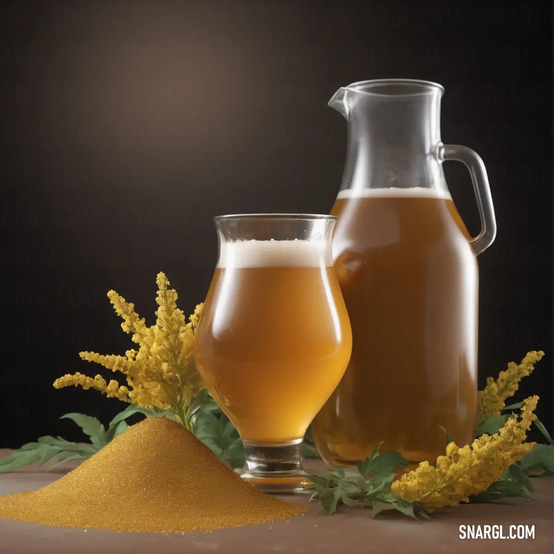 A refreshing scene depicting a pitcher and a glass of golden beer placed beside a vibrant yellow substance on a table adorned with flowers and leaves, inviting joy and relaxation in a social setting.