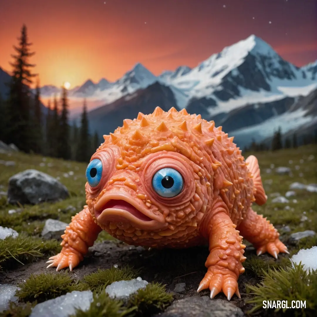 A delightful toy lizard with vivid blue eyes rests confidently on a rock in the meadow, framed by majestic mountains and lush greenery, representing the playful spirit of nature and the joy of imaginative adventures.