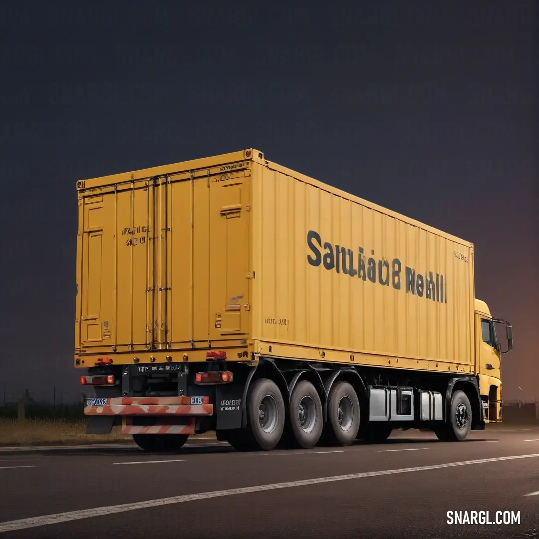 A striking yellow semi-truck cruises down the highway at night, illuminated by moonlight. The glimmering side of the truck reflects the warm hues of the evening sky, symbolizing the thrill of travel and adventure under the stars on open roads.