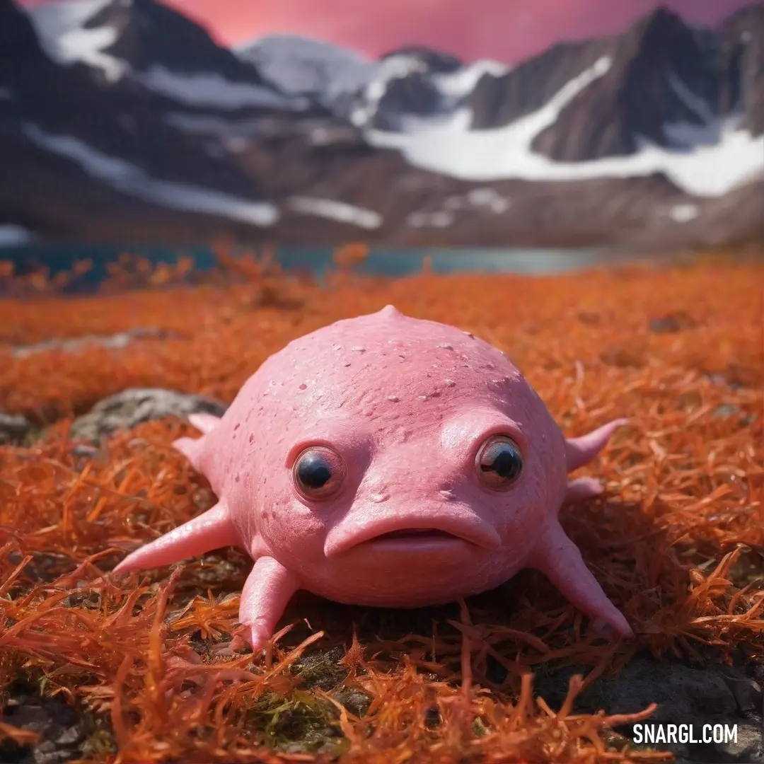 A whimsical pink toy with an endearing face sits on a grassy field, framed by towering mountains in the background, delighting viewers with its playful essence and radiant color that adds charm to its picturesque surroundings.