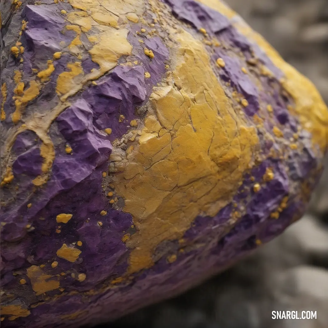 This fascinating rock showcases playful yellow and purple paint splatters against its rugged surface, harmoniously blending art with nature. Set against a natural backdrop, it draws attention to the colorful transformation of an ordinary stone.