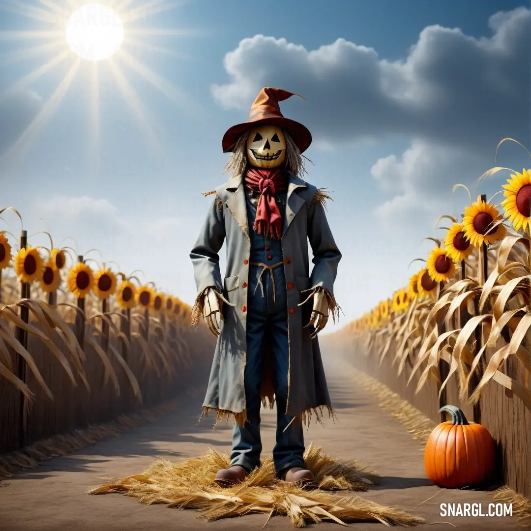 In a thriving cornfield, a striking scarecrow dons an eye-catching mask, adding an element of fun to the landscape. Its colors echo the earthy tones of PANTONE 7550, blending harmoniously with the surrounding stalks.