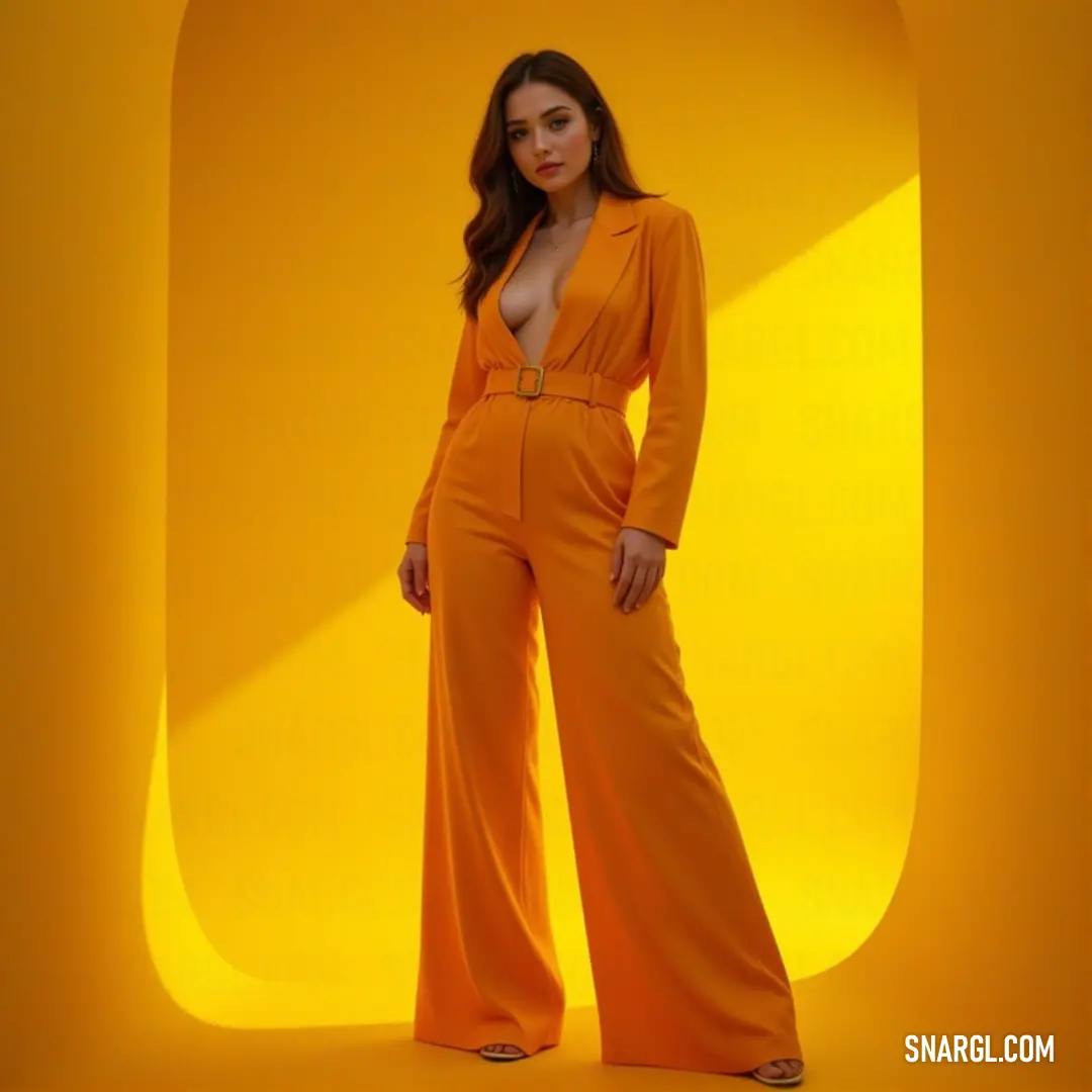 In front of a radiant yellow backdrop, a woman strikes a playful pose in her eye-catching orange jumpsuit. The colors contrast beautifully, embodying joy and confidence, while the RGB 214,157,42 color adds a vibrant flair to the scene.