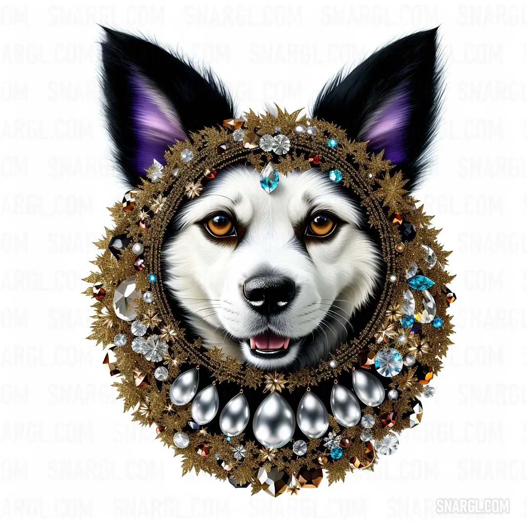 Dog with a collar of jewels and pearls around its neck and eyes, with a white background. Color RGB 117,92,33.