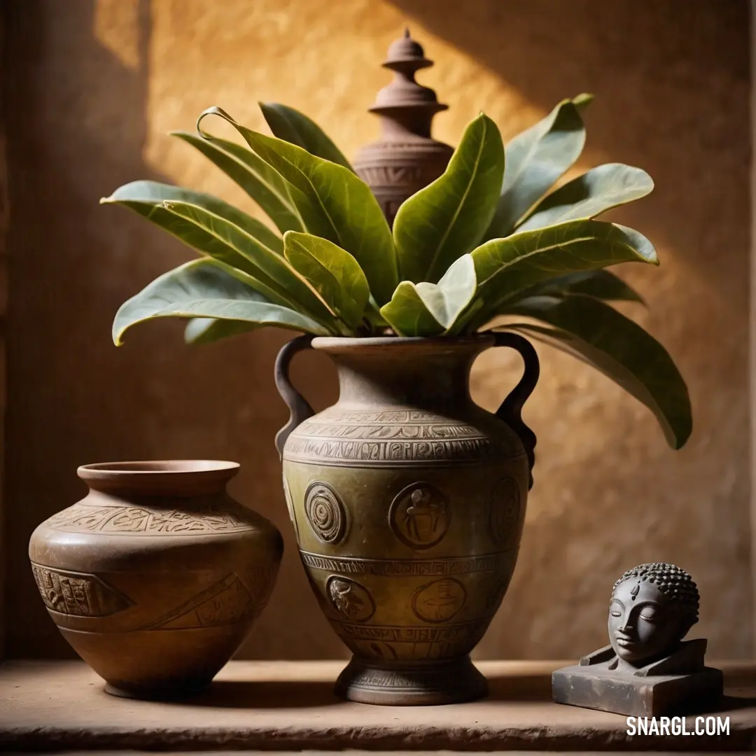 Vase with a plant in it next to a buddha statue and a buddha statue on a table with a light shining on it. Color PANTONE 7552.