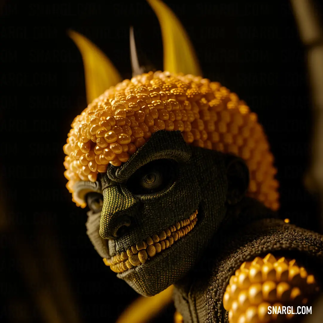 Close up of a person wearing a costume and a mask with spikes on it's head and a yellow flower in the background