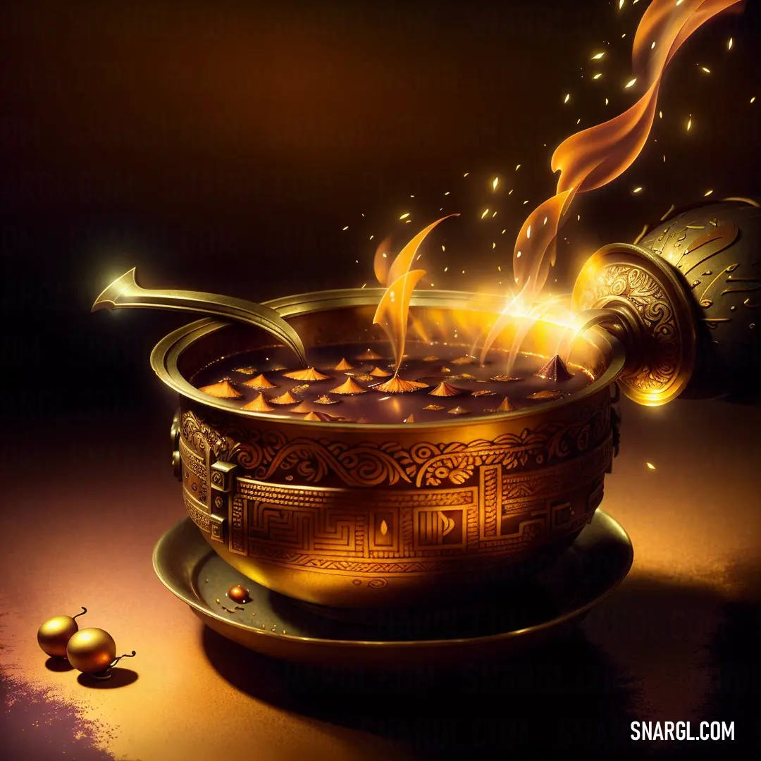 PANTONE 7556 color. Golden bowl with a candle and some gold balls on a table with a black background