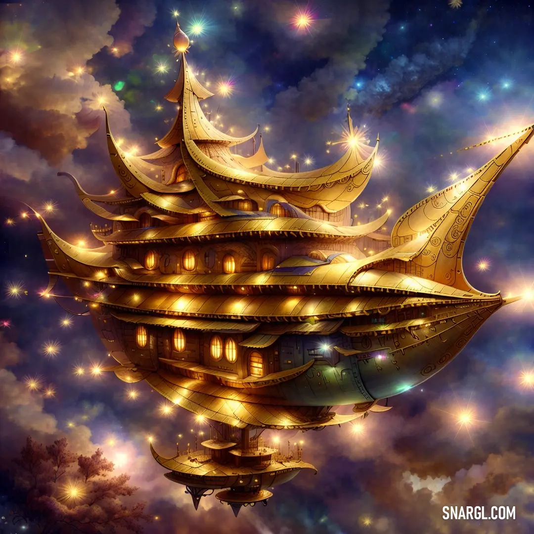 Painting of a floating ship in the sky with stars around it and a lot of clouds in the background. Color PANTONE 7556.