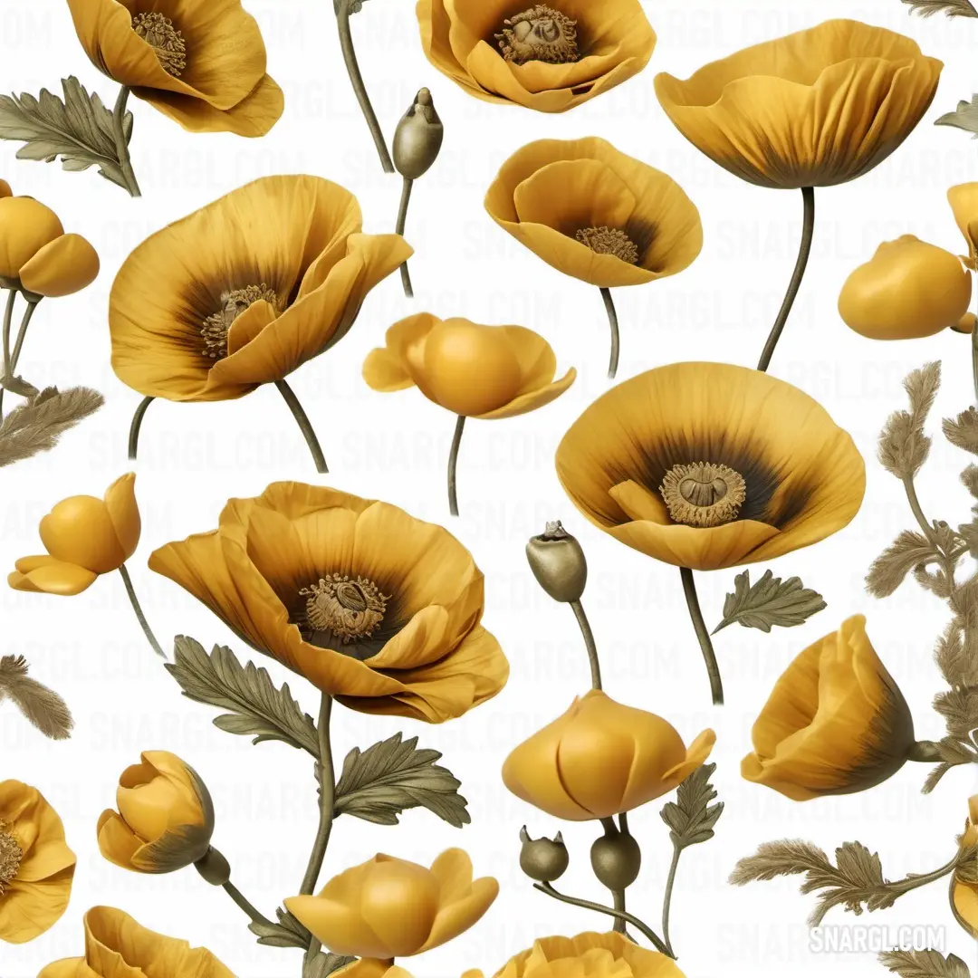 Yellow flower pattern on a white background. Example of RGB 190,146,31 color.