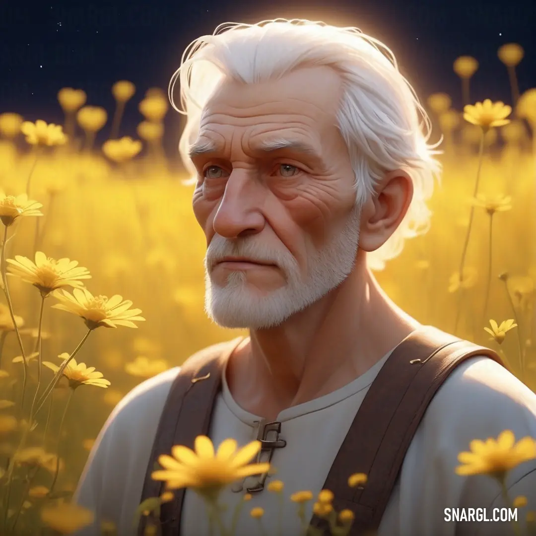 PANTONE 7557 color. Man with white hair and a beard standing in a field of yellow flowers with a star in the sky