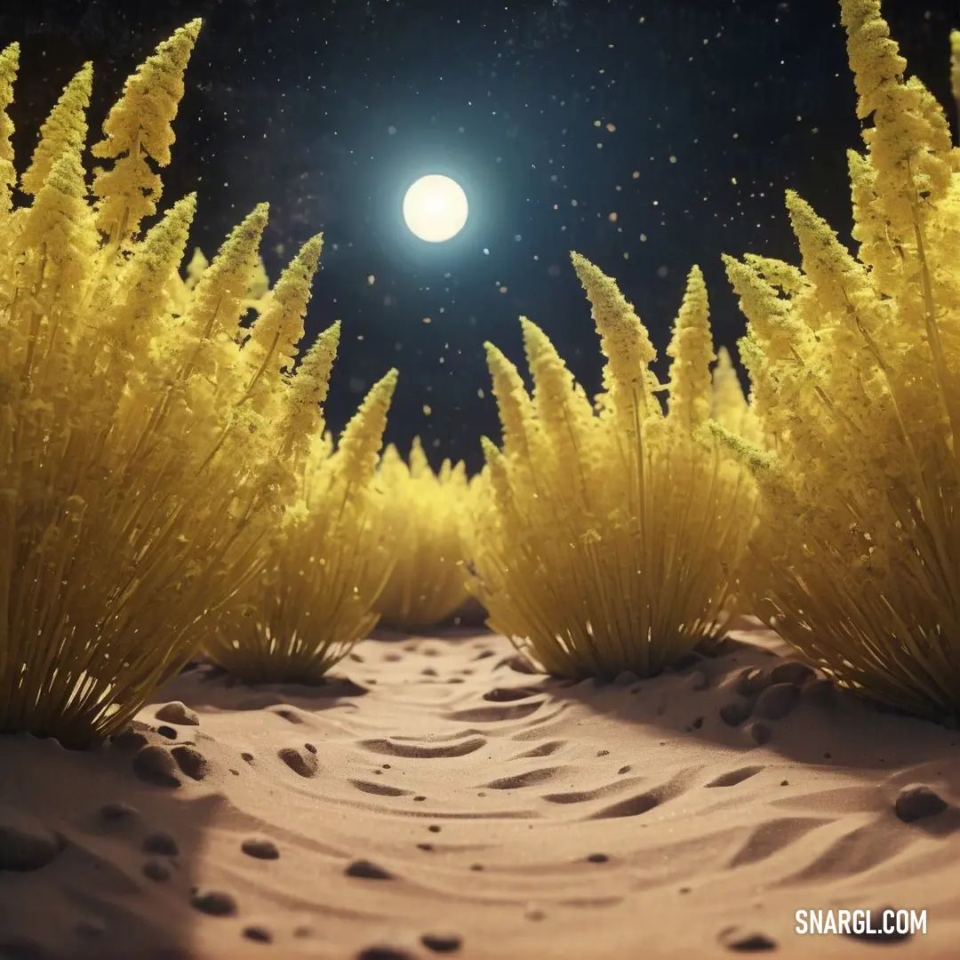 Night scene with a full moon and a path through the sand dunes with grass and plants in the foreground. Color RGB 162,130,33.