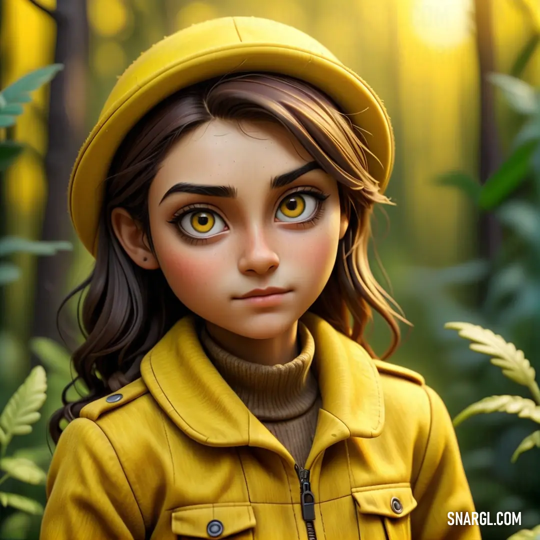 Painting of a girl in a yellow jacket and hat in a forest with green plants and trees in the background. Example of CMYK 11,31,100,37 color.