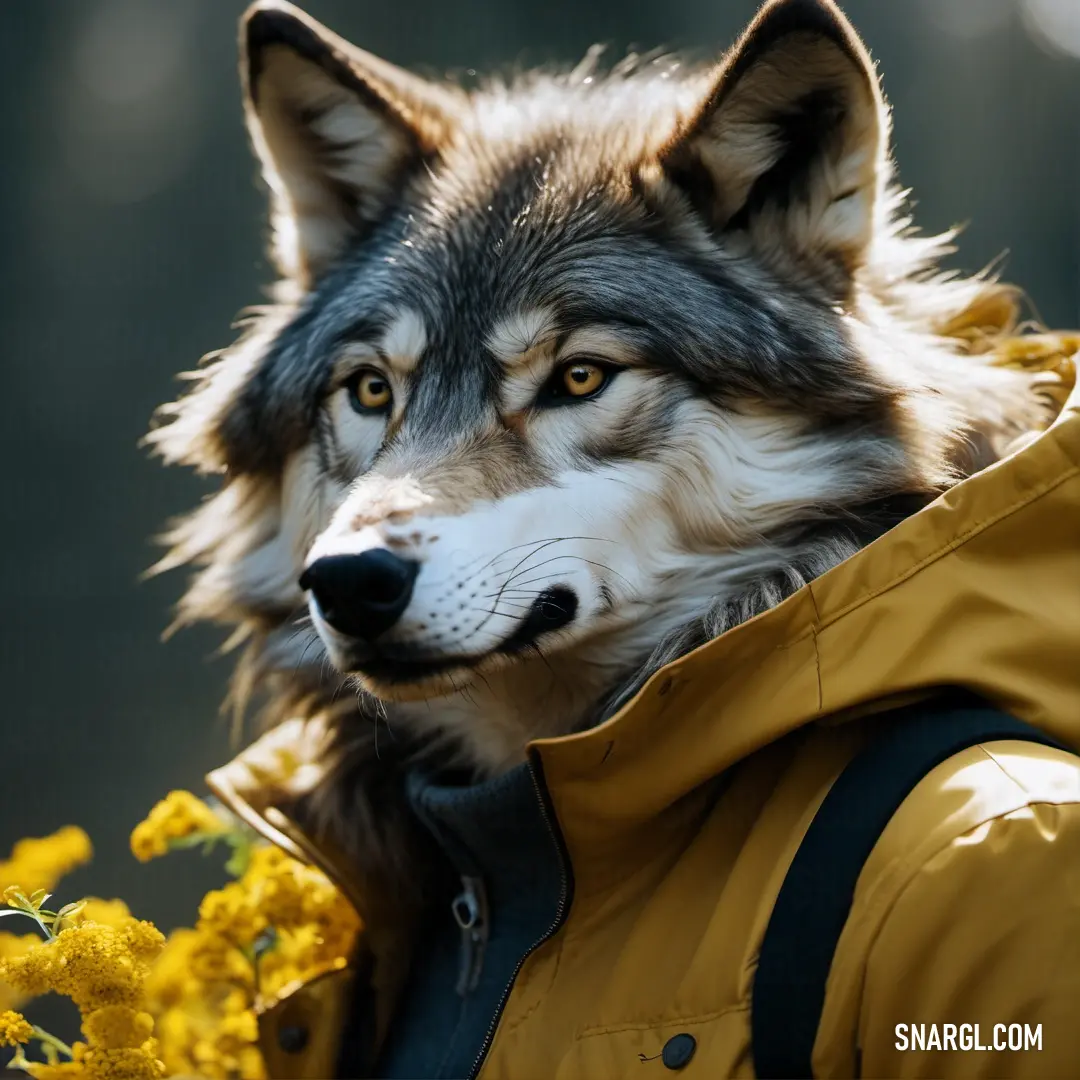 Wolf wearing a yellow jacket and a yellow flower in its mouth is looking at the camera with a serious look on his face