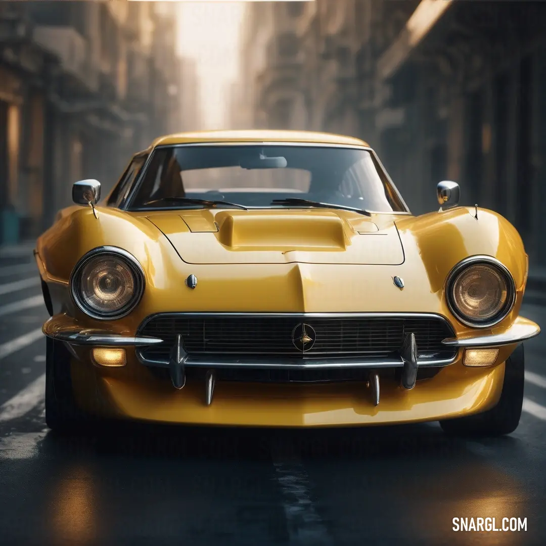 PANTONE 7557 color example: Yellow sports car is parked on the street in a city setting with a light shining on it's headlight