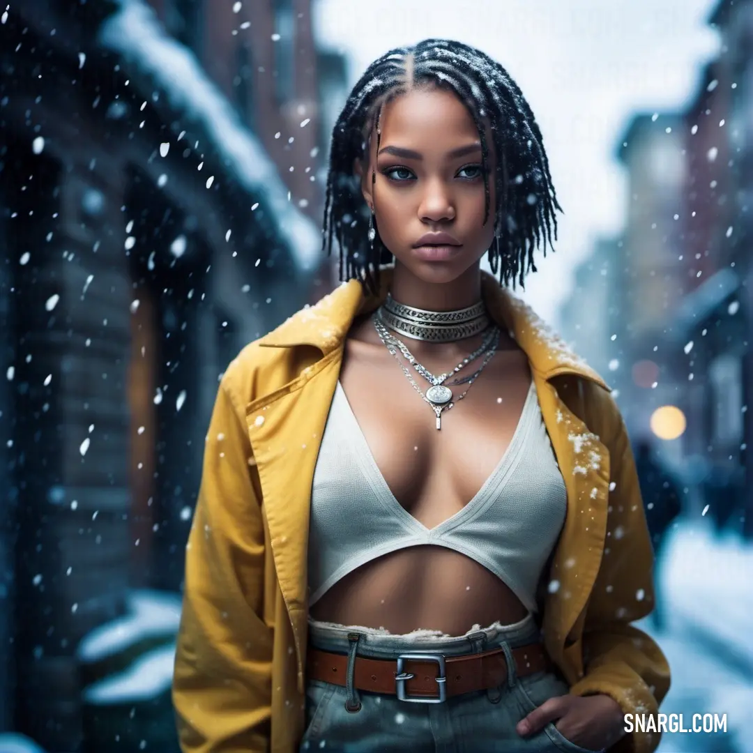 Woman with dreadlocks standing in the snow wearing a bra and jacket. Example of #997826 color.