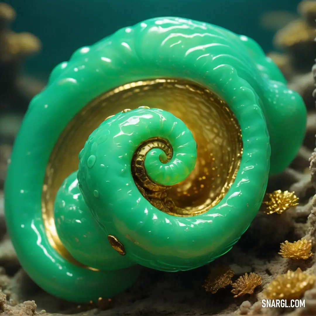 Green sea snail with a gold ring on its shell on a coral reef with other corals and seaweed. Example of CMYK 14,39,95,46 color.
