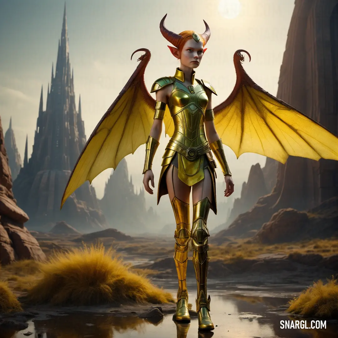 Woman in a costume with wings standing in a desert area with a castle in the background. Example of RGB 145,111,37 color.