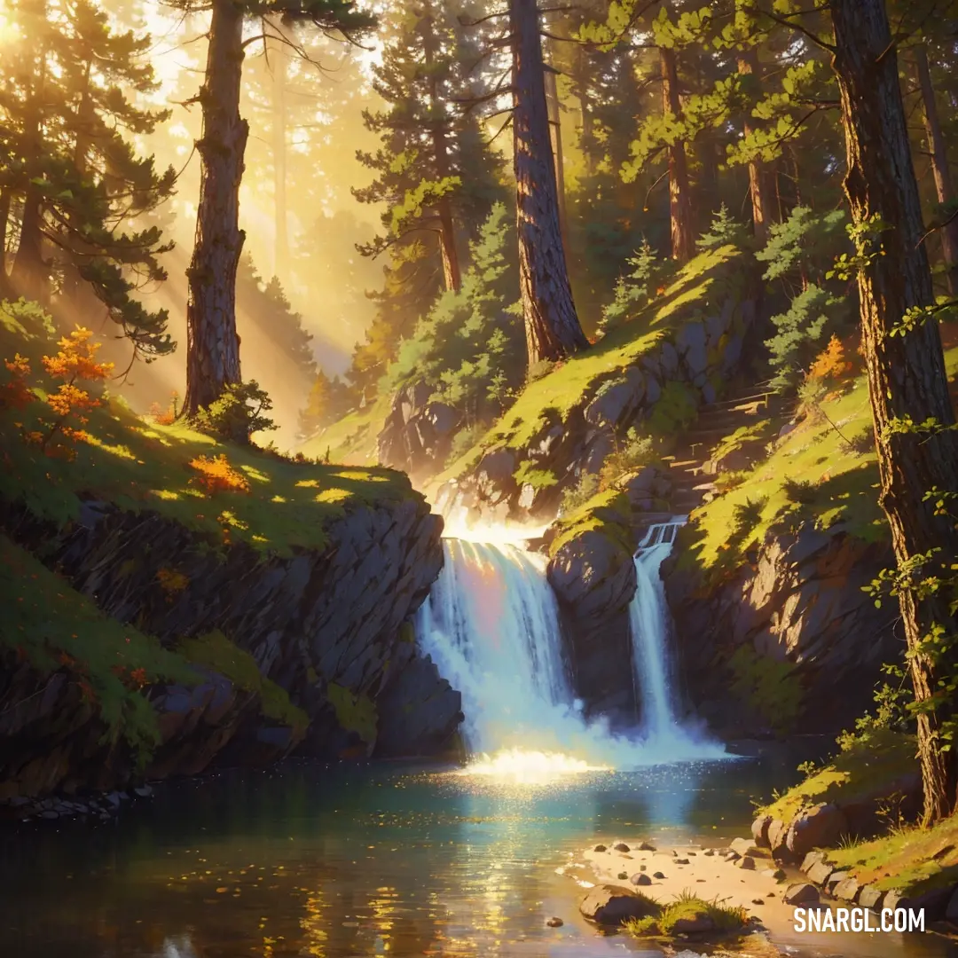 Painting of a waterfall in a forest with sun shining through the trees and water running down the side of it. Color RGB 126,101,35.