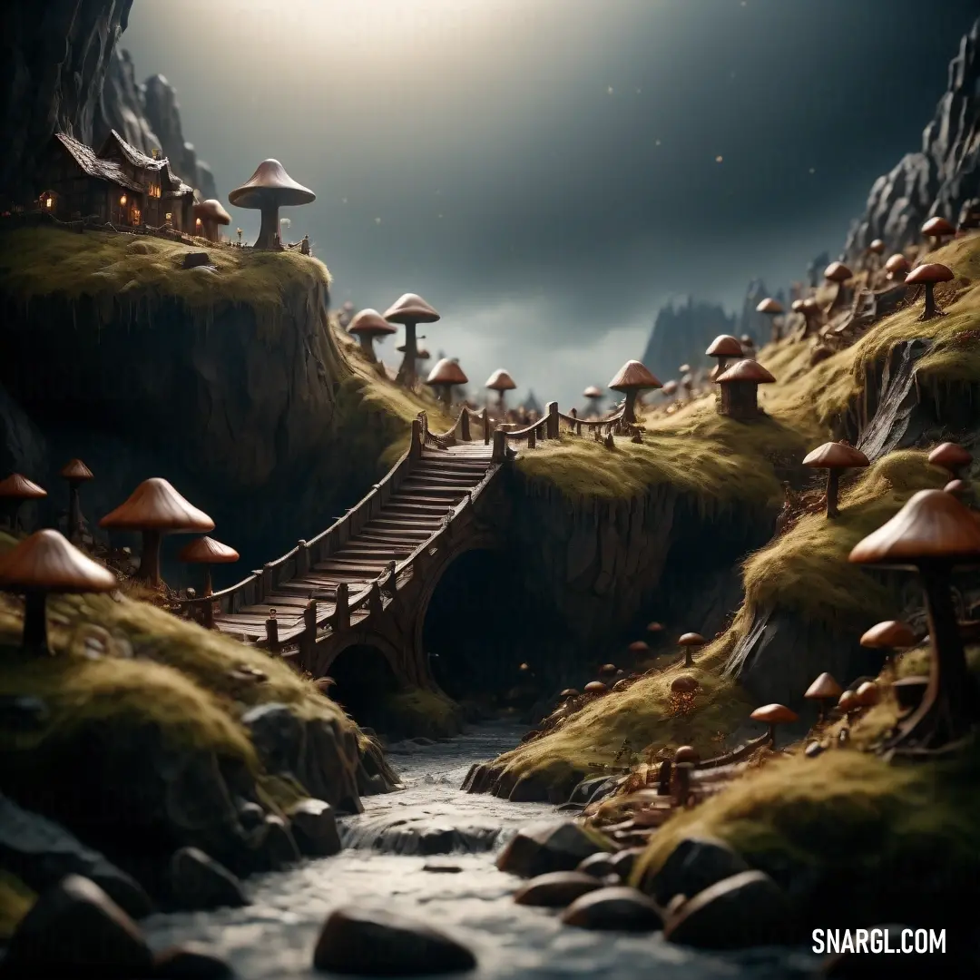 Fantasy scene with a bridge and mushrooms on the hillside and a stream running through it. Color RGB 106,86,37.