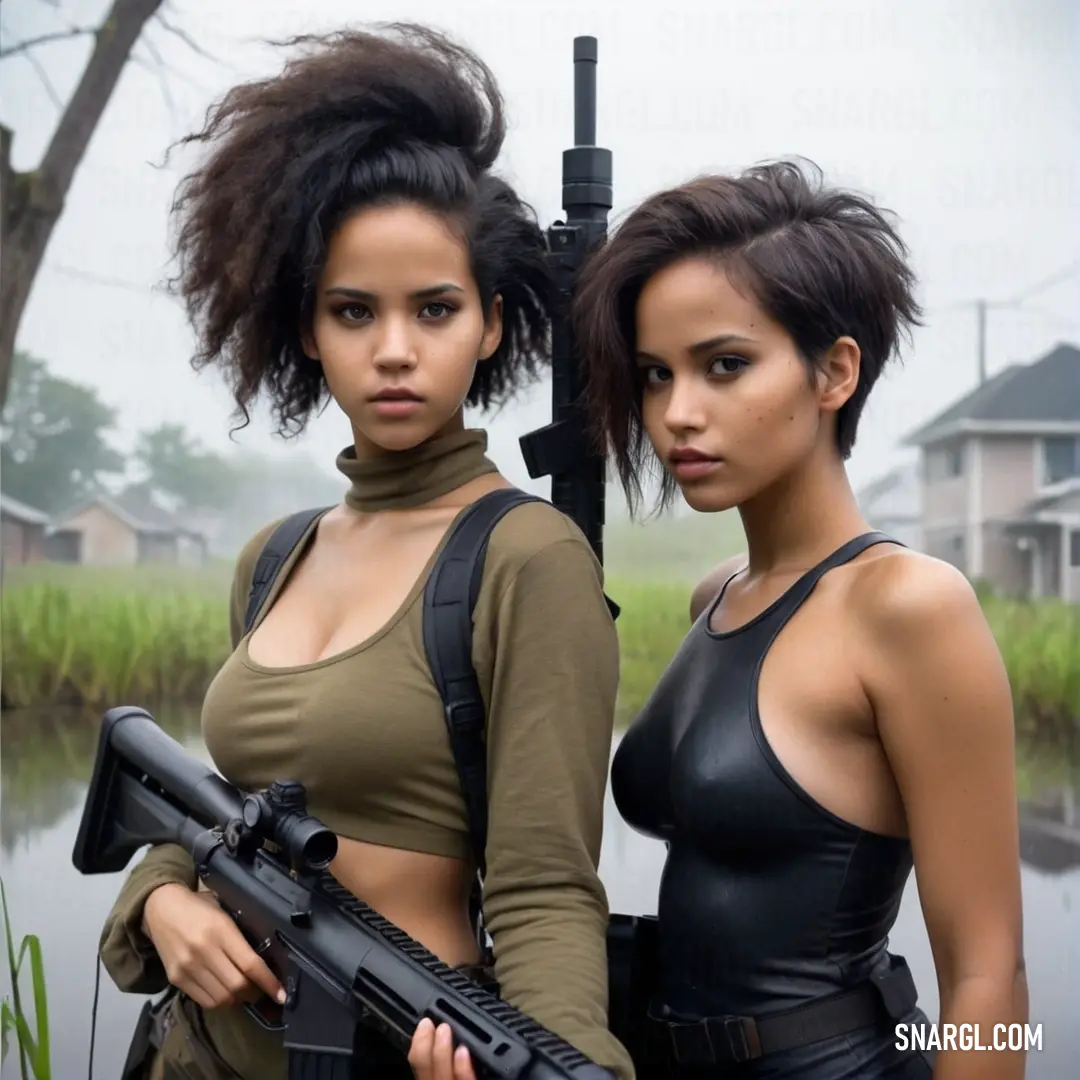 Two women with guns standing next to each other in front of a body of water with houses in the background. Color RGB 106,86,37.