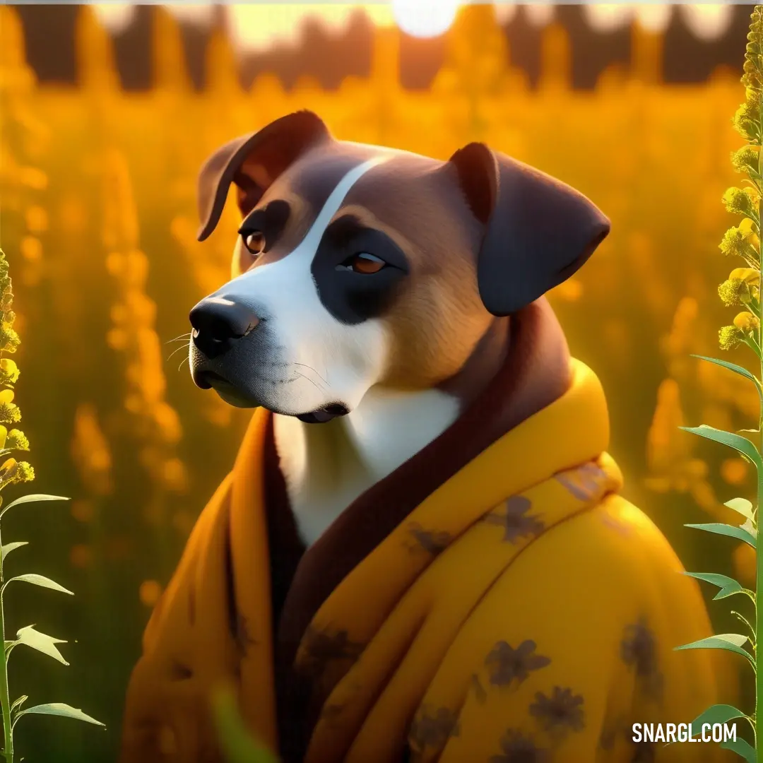 PANTONE 7564 color example: Dog in a yellow robe in a field of flowers with the sun shining behind it