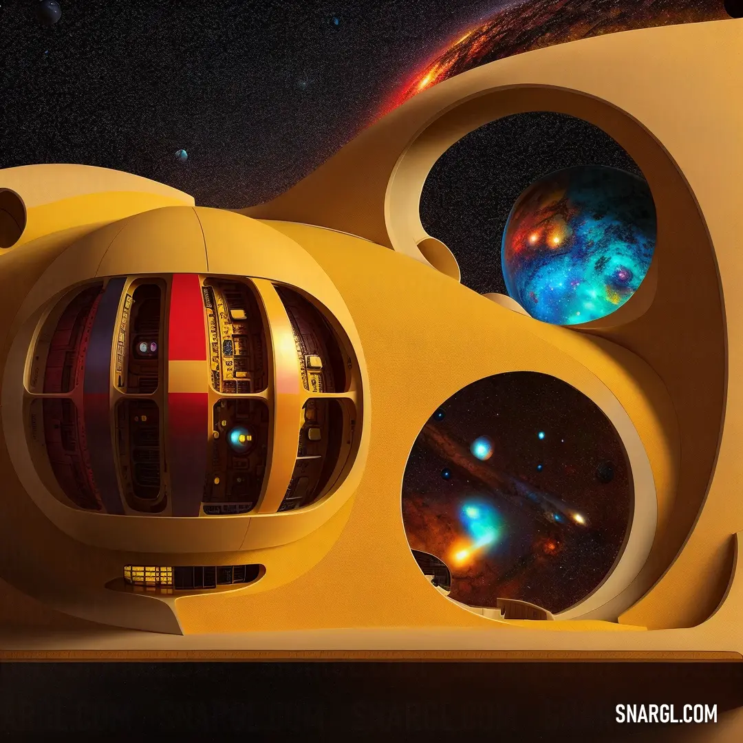 Futuristic building with a space view through the windows of it's outer structure and a colorful galaxy in the background