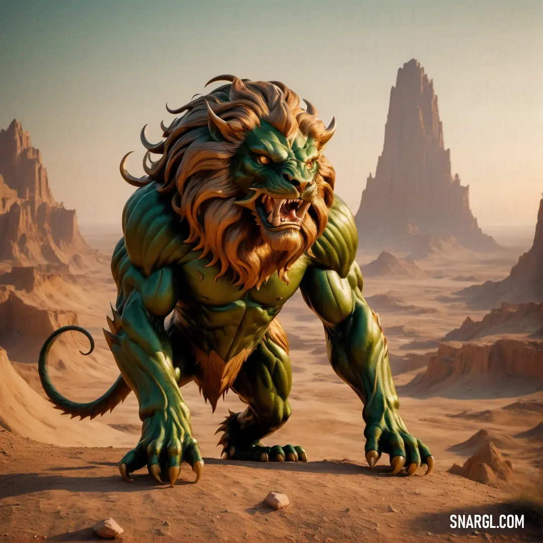 Green and yellow lion standing in the desert with mountains in the background. Example of CMYK 10,66,98,57 color.