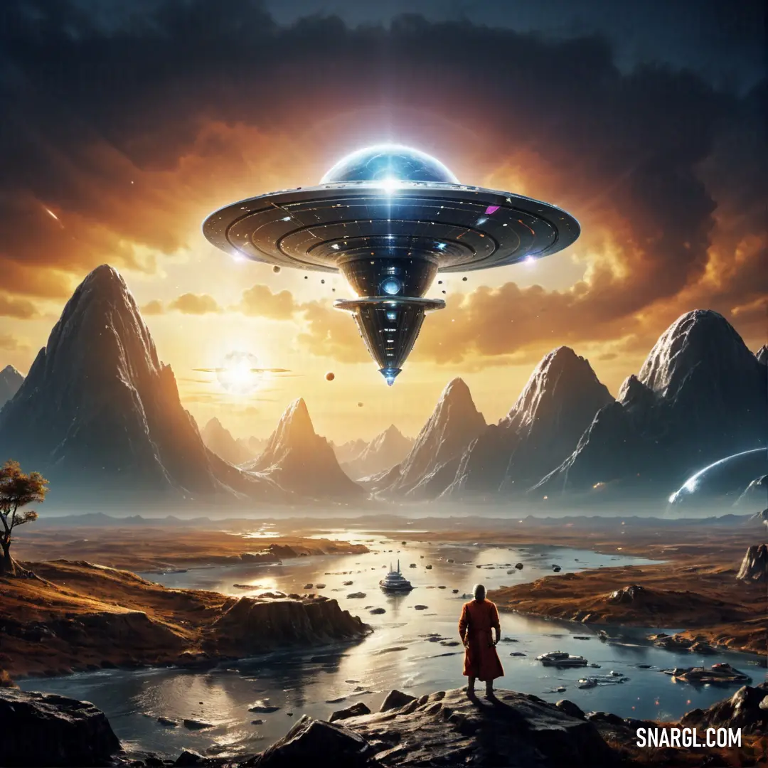 Man standing on a rocky mountain looking at a spaceship flying over a river in a mountainous area with mountains