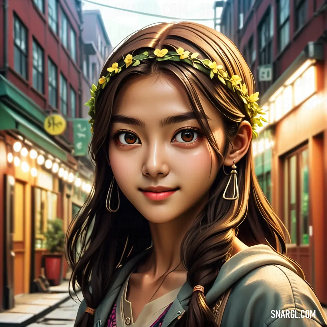 PANTONE 7568 color example: Girl with a flower crown on her head standing in a street in a city with buildings