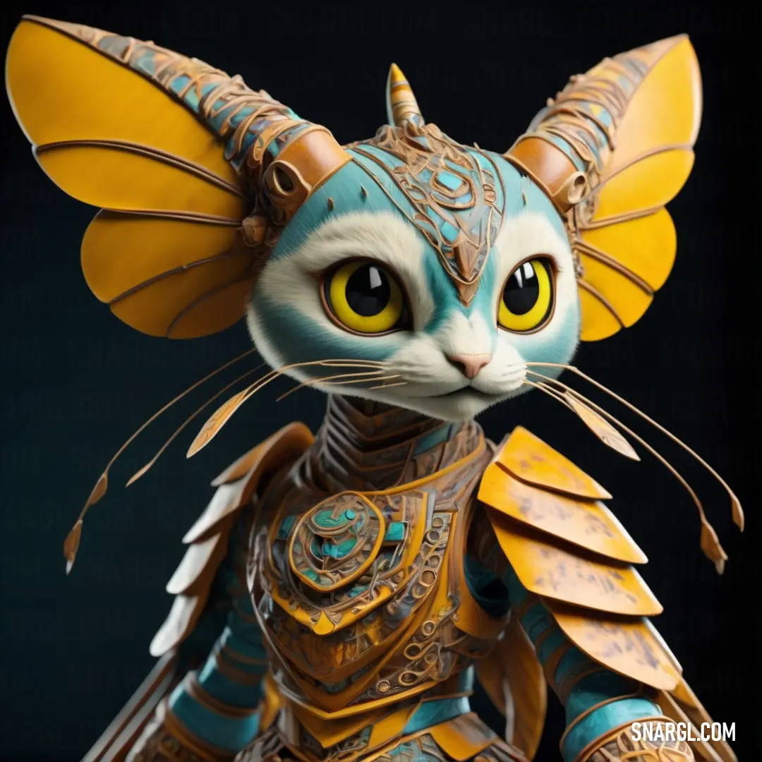 Cat with yellow eyes and a blue body with gold wings and wings on it's head and chest. Color CMYK 0,45,100,6.