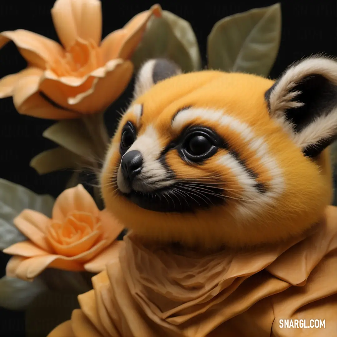 Stuffed animal is posed next to a flower arrangement with flowers in the background. Color RGB 221,146,36.